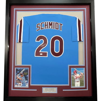 Framed autographed Mike Schmidt Philadelphia retro blue jersey with Schmidt 20, JSA COA