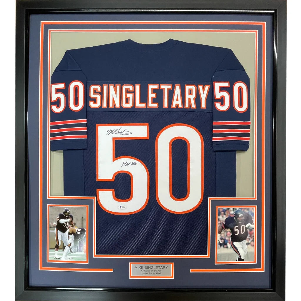 Framed Autographed Mike Singletary HOF 98 35x39 Chicago Blue Football Jersey JSA COA | Hall of Fame Sports Memorabilia | vintageantiquesgifts.com