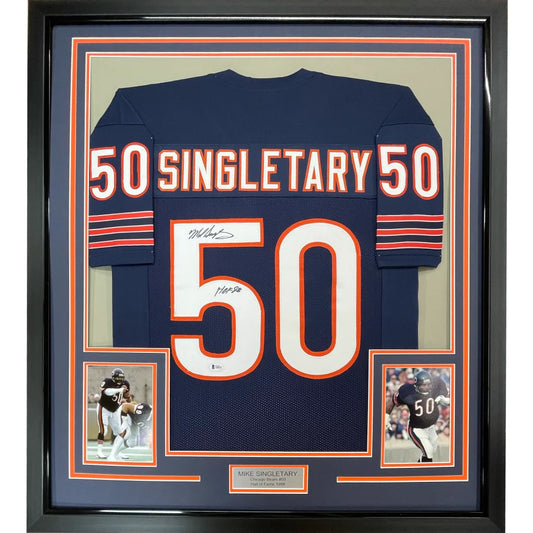 Framed Autographed Mike Singletary HOF 98 35x39 Chicago Blue Football Jersey JSA COA | Hall of Fame Sports Memorabilia | vintageantiquesgifts.com