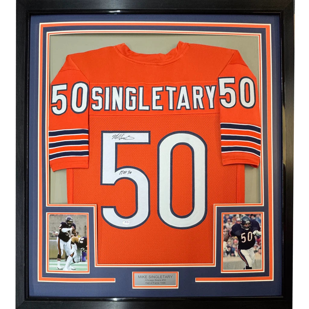 Framed signed Mike Singletary #50 Bears jersey with player photos ready to hang