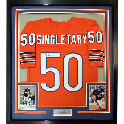 Framed signed Mike Singletary #50 Bears jersey with player photos ready to hang