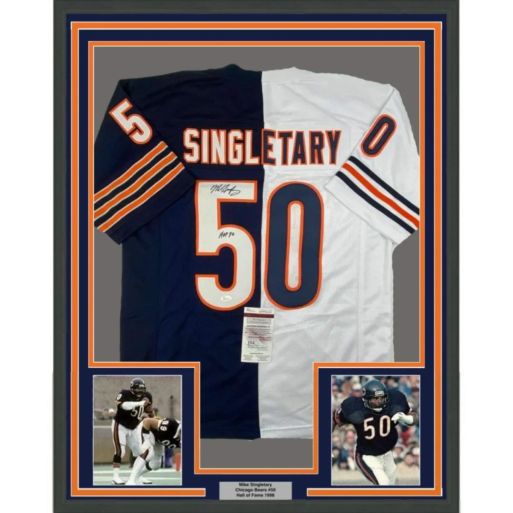 Framed autographed chicago bears jersey split navy blue and white with orange trim displaying singletary 50 in bold letters