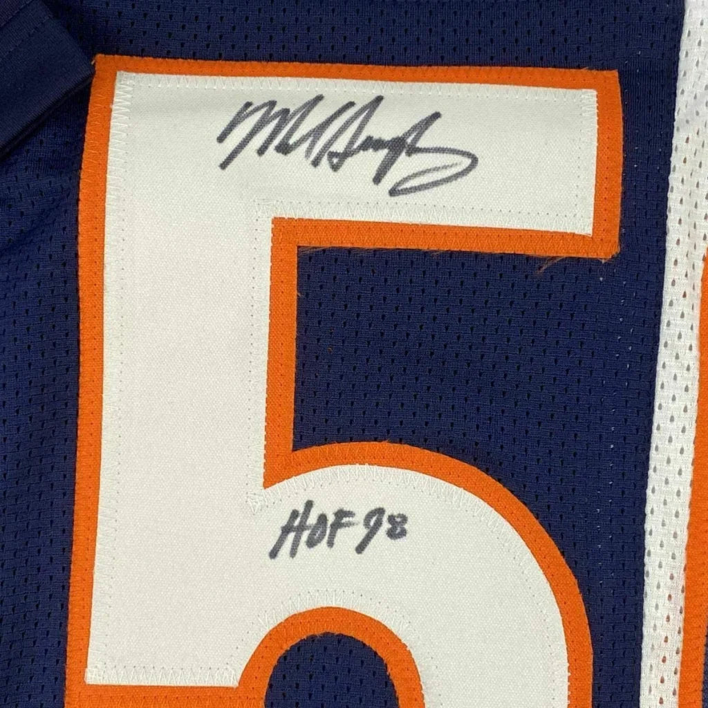 Framed autographed navy blue and orange chicago split football jersey with number 5 signed by mike singletary hof 98