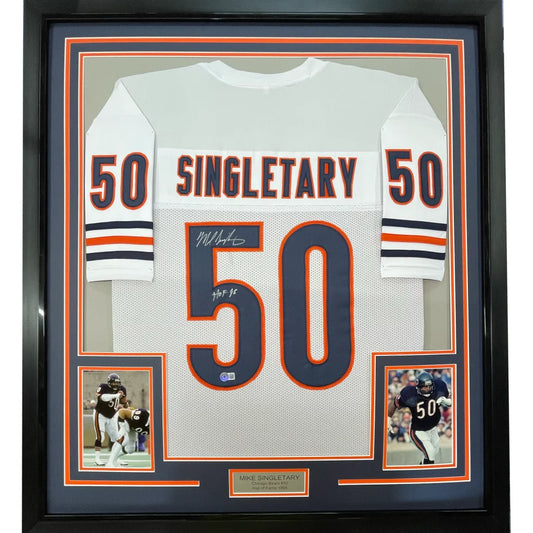 Framed autographed white and orange Number 50 Football Jersey with action photos