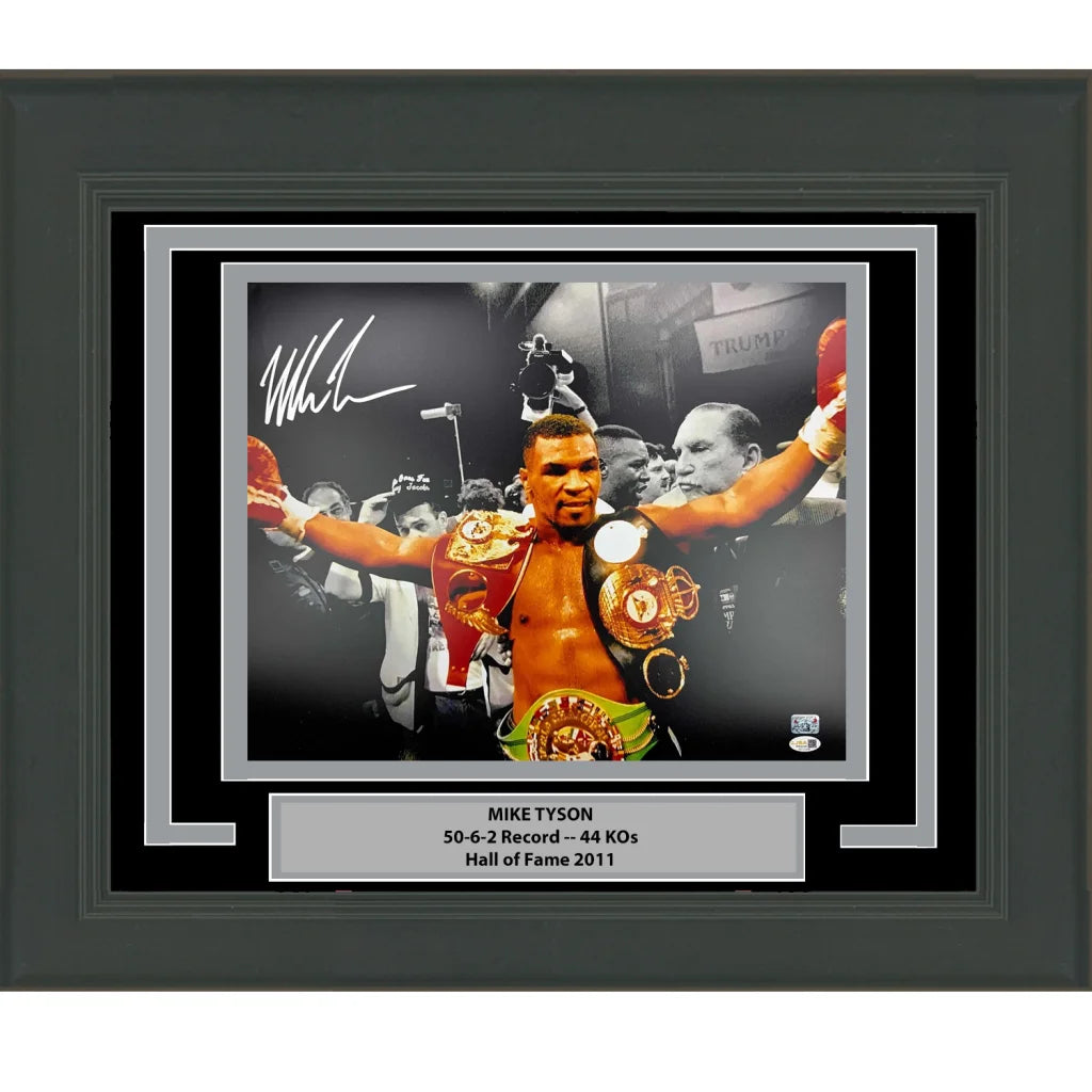 Framed Autographed Mike Tyson Belts Boxing 16x20 Photo JSA COA | Hall of Fame Sports Memorabilia | vintageantiquesgifts.com
