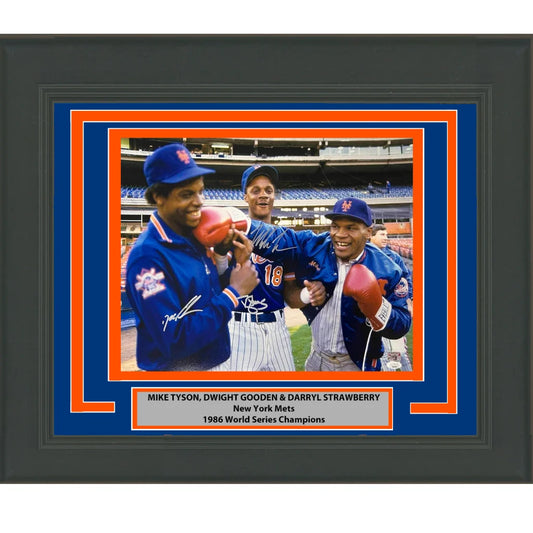 Framed autographed Mike Tyson, Dwight Gooden, Darryl Strawberry Mets 1986 photo
