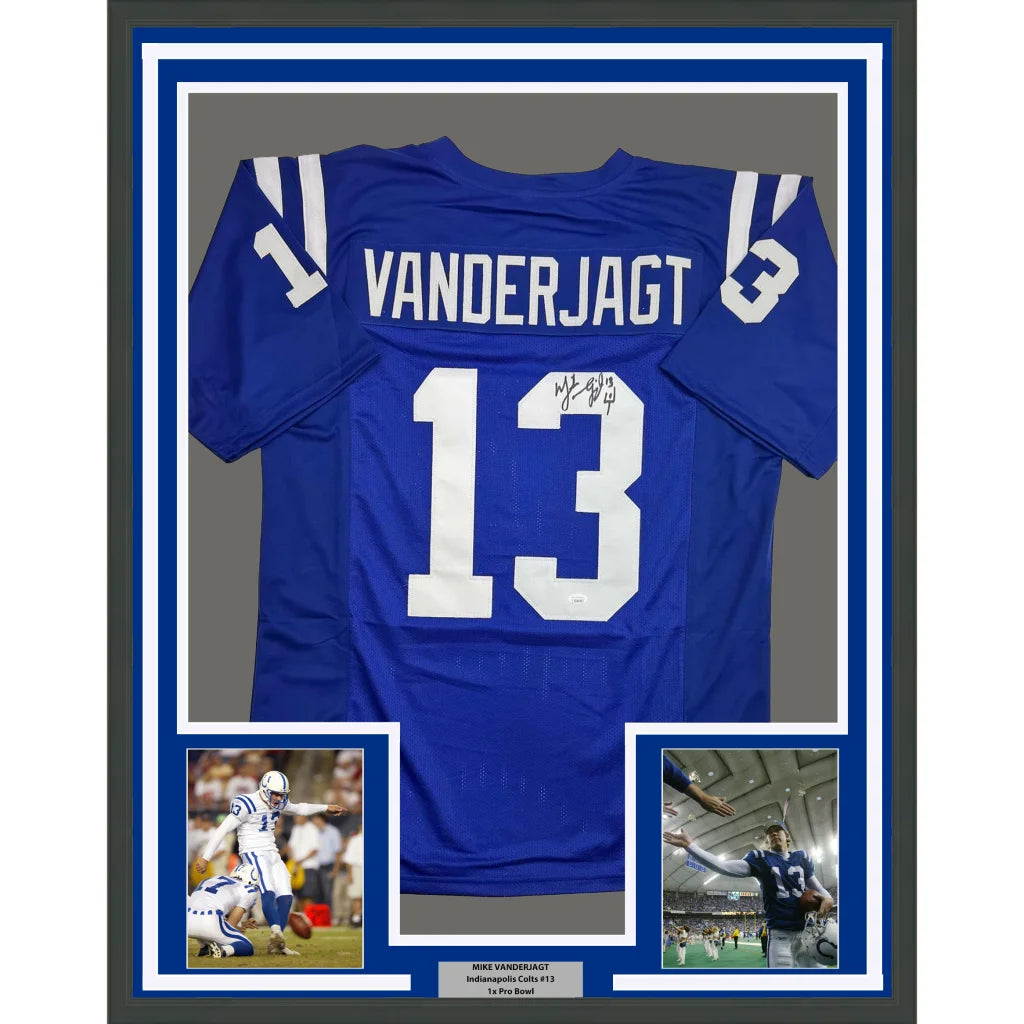 Framed Autographed Mike Vanderjagt 35x39 Dallas Blue Football Jersey JSA COA | Hall of Fame Sports Memorabilia | vintageantiquesgifts.com