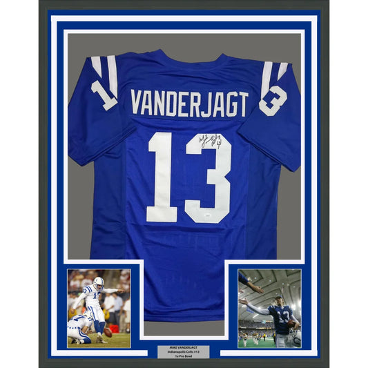 Framed Autographed Mike Vanderjagt 35x39 Dallas Blue Football Jersey JSA COA | Hall of Fame Sports Memorabilia | vintageantiquesgifts.com