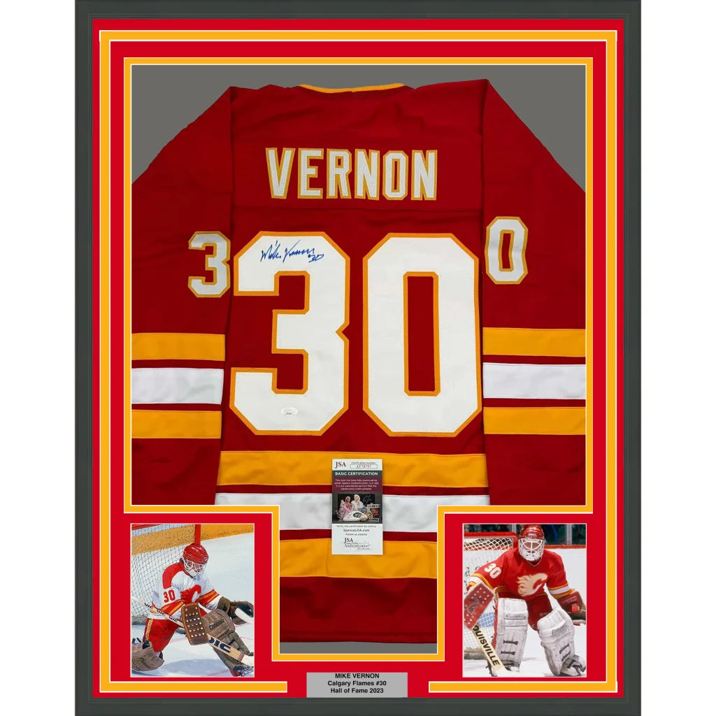 Framed Autographed Mike Vernon 35x39 Calgary Red Hockey Jersey JSA COA | Hall of Fame Sports Memorabilia | vintageantiquesgifts.com