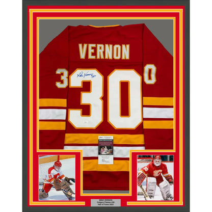 Framed Autographed Mike Vernon 35x39 Calgary Red Hockey Jersey JSA COA | Hall of Fame Sports Memorabilia | vintageantiquesgifts.com