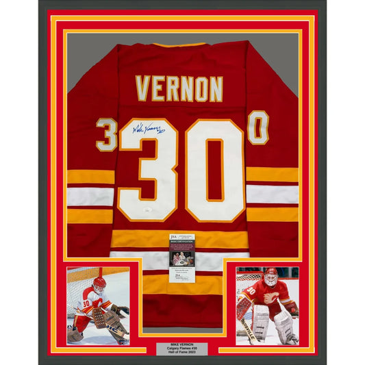 Framed Autographed Mike Vernon 35x39 Calgary Red Hockey Jersey JSA COA | Hall of Fame Sports Memorabilia | vintageantiquesgifts.com