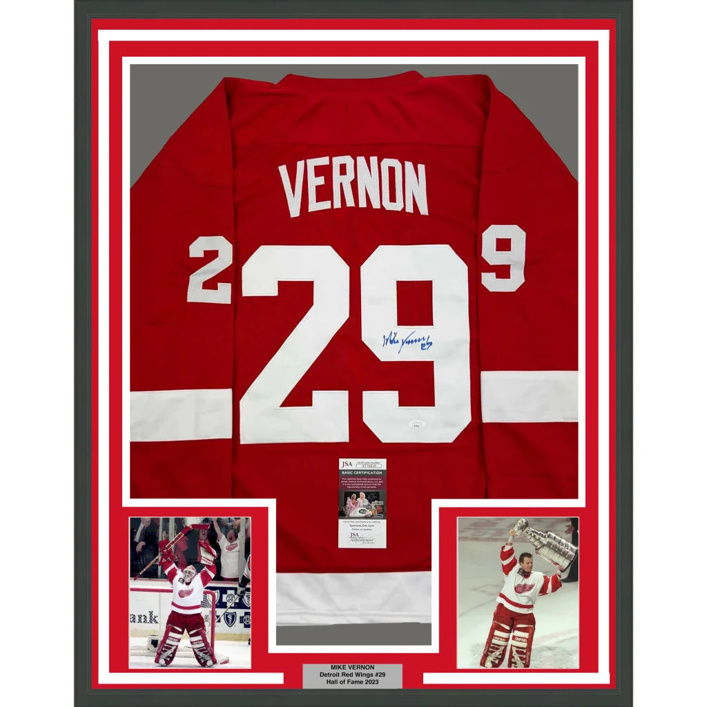 Framed Autographed Mike Vernon 35x39 Detroit Red Hockey Jersey JSA COA | Hall of Fame Sports Memorabilia | vintageantiquesgifts.com