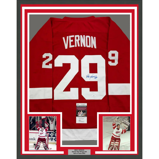 Framed Autographed Mike Vernon 35x39 Detroit Red Hockey Jersey JSA COA | Hall of Fame Sports Memorabilia | vintageantiquesgifts.com
