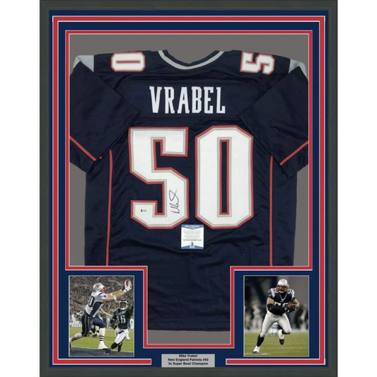 Framed autographed navy blue new england patriots mike vrabel jersey with white and red lettering signed by player