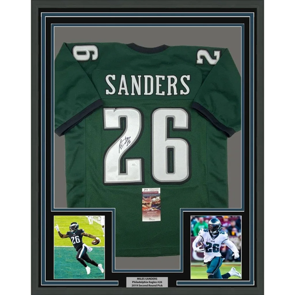 Framed Autographed Miles Sanders 35x39 Philadelphia Green Football Jersey JSA COA | Hall of Fame Sports Memorabilia | vintageantiquesgifts.com
