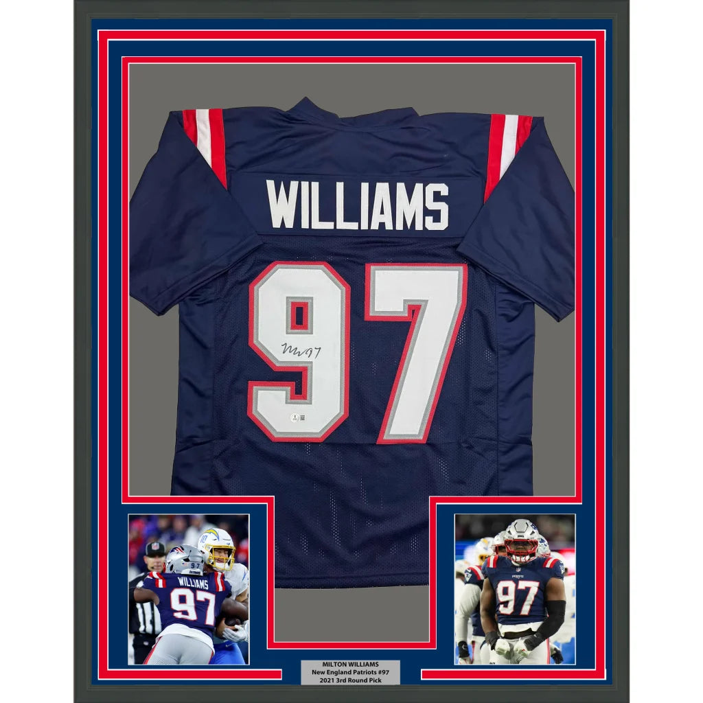 Framed Autographed Milton Williams 35x39 New England Blue Football Jersey Beckett BAS COA | Hall of Fame Sports Memorabilia | vintageantiquesgifts.com