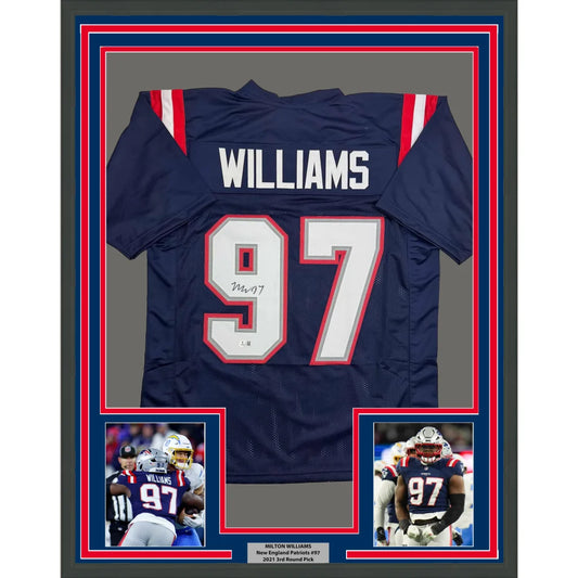 Framed Autographed Milton Williams 35x39 New England Blue Football Jersey Beckett BAS COA | Hall of Fame Sports Memorabilia | vintageantiquesgifts.com
