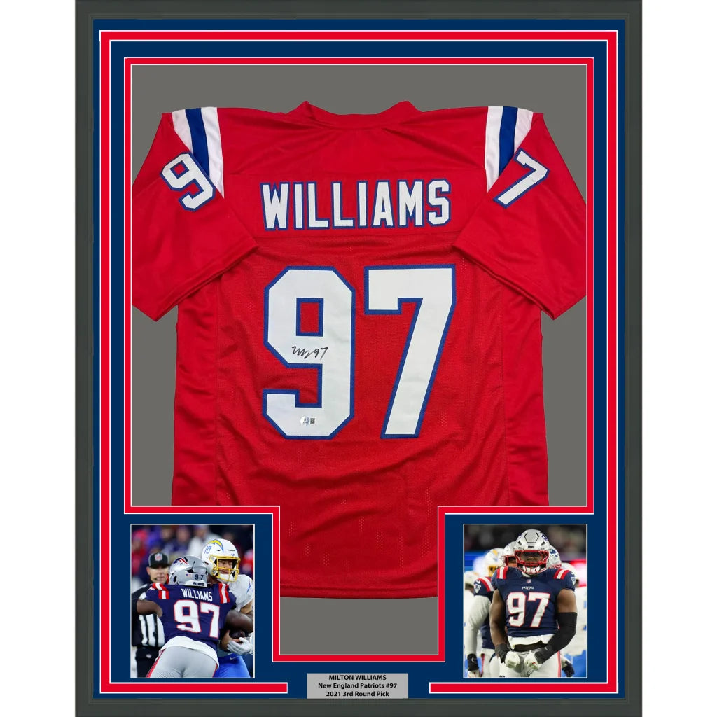 Framed Autographed Milton Williams 35x39 New England Red Football Jersey Beckett BAS COA | Hall of Fame Sports Memorabilia | vintageantiquesgifts.com