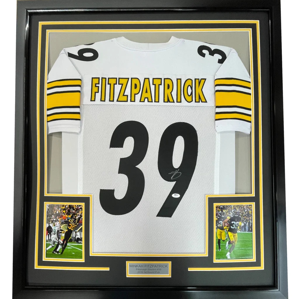 Framed Autographed Minkah Fitzpatrick 35x39 Pittsburgh White Football Jersey PSA/DNA COA | Hall of Fame Sports Memorabilia | vintageantiquesgifts.com