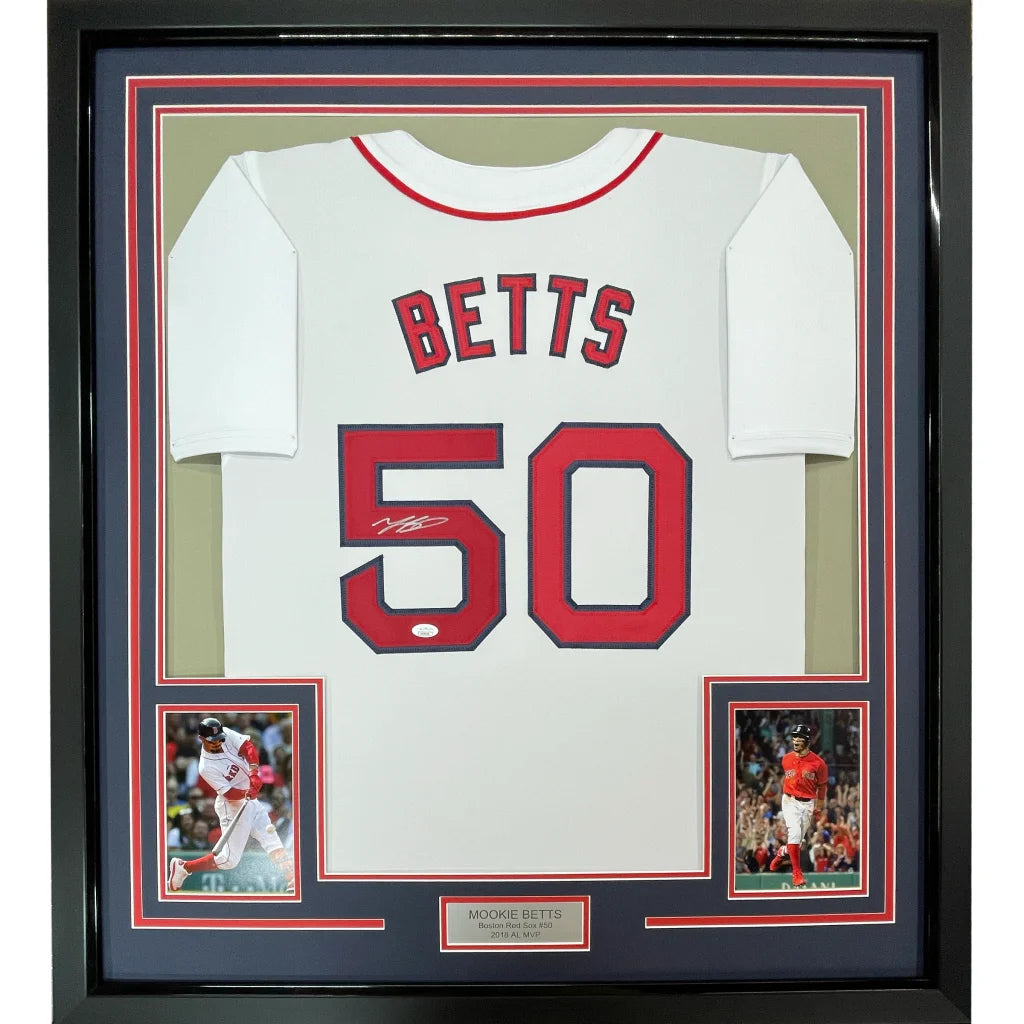 Framed Mookie Betts autographed baseball jersey for fan cave decor