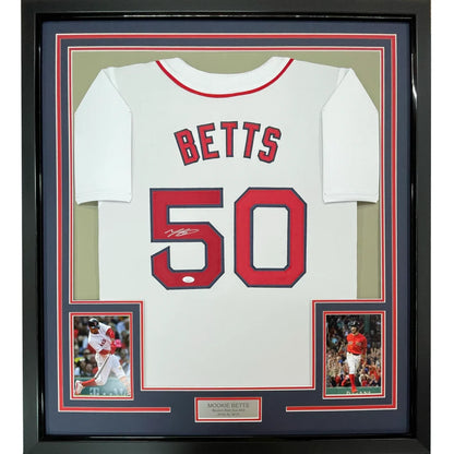 Framed Mookie Betts autographed baseball jersey for fan cave decor