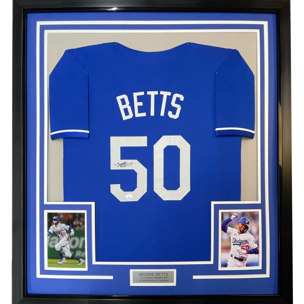 Framed autographed Mookie Betts blue Dodgers jersey number 50 with JSA COA