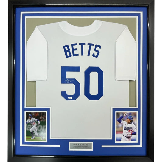 Framed autographed Mookie Betts white LA Dodgers jersey with blue Betts 50