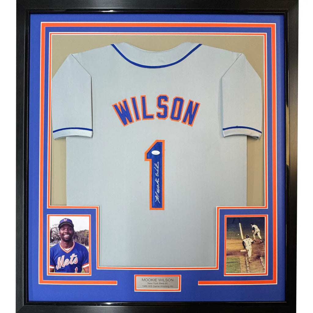 Framed Autographed Mookie Wilson 35x39 New York Grey Baseball Jersey JSA COA | Hall of Fame Sports Memorabilia | vintageantiquesgifts.com
