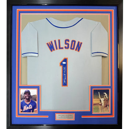 Framed Autographed Mookie Wilson 35x39 New York Grey Baseball Jersey JSA COA | Hall of Fame Sports Memorabilia | vintageantiquesgifts.com