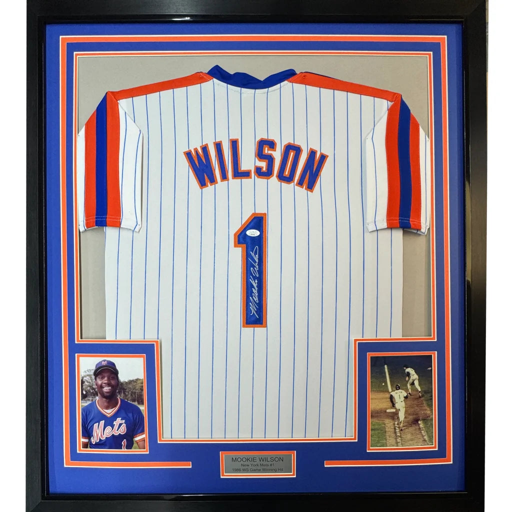 Framed autographed Mookie Wilson New York pinstripe jersey with number one