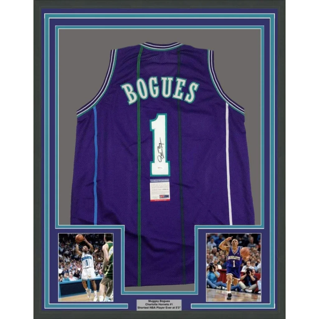 Framed autographed Muggsy Bogues Charlotte Hornets jersey with player photos display