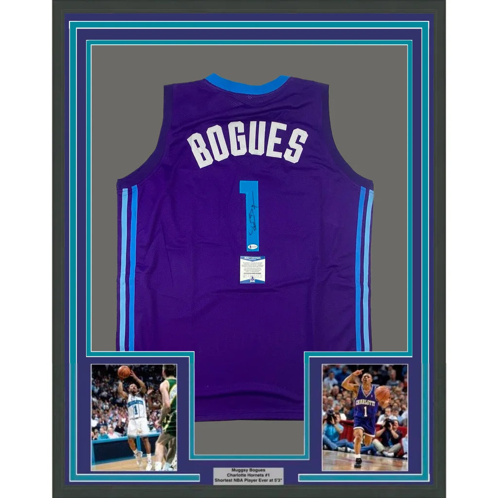 Framed purple Charlotte Hornets Muggsy Bogues #1 jersey with action shots display