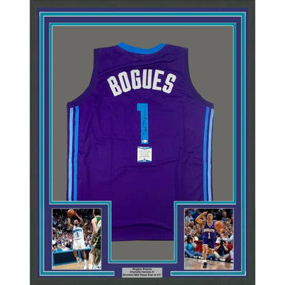 Framed purple Charlotte Hornets Muggsy Bogues #1 jersey with action shots display