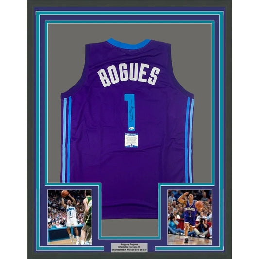 Framed purple Charlotte Hornets Muggsy Bogues #1 jersey with action shots display