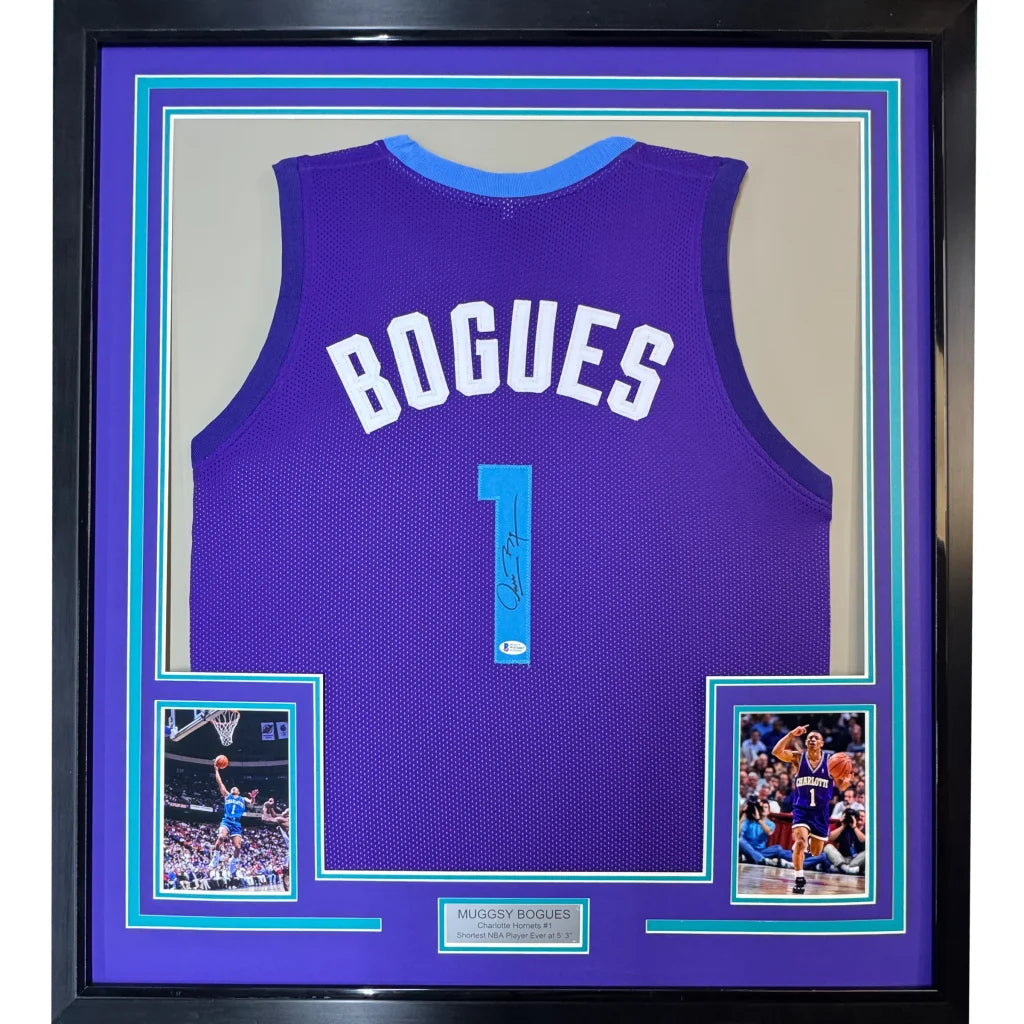 Framed Autographed Muggsy Bogues 35x39 Charlotte Purple Modern Basketball Jersey Beckett BAS COA | Hall of Fame Sports Memorabilia | vintageantiquesgifts.com