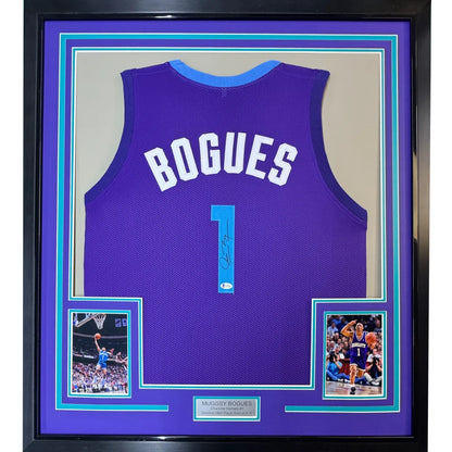Framed Autographed Muggsy Bogues 35x39 Charlotte Purple Modern Basketball Jersey Beckett BAS COA | Hall of Fame Sports Memorabilia | vintageantiquesgifts.com