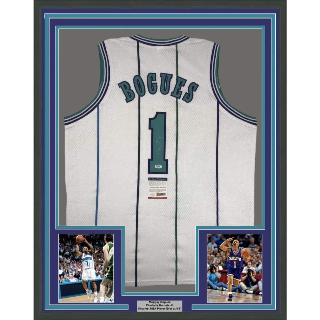 Framed autographed Muggsy Bogues Charlotte white jersey with name and number 1