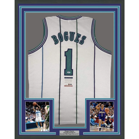 Framed Autographed Muggsy Bogues 35x39 Charlotte White Basketball Jersey PSA/DNA COA | Hall of Fame Sports Memorabilia | vintageantiquesgifts.com