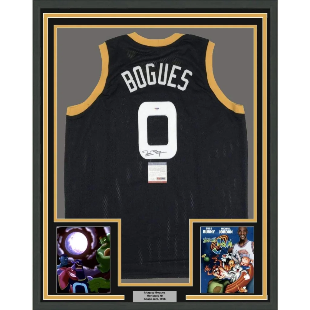 Framed autographed Muggsy Bogues Space Jam Monstars black jersey signed by Magic Johnson