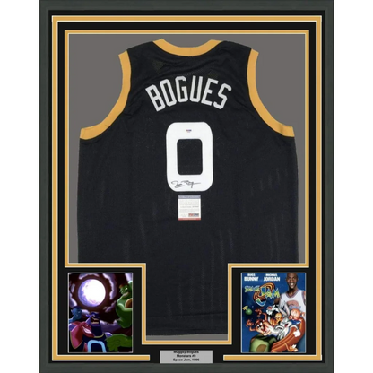 Framed autographed Muggsy Bogues Space Jam Monstars black jersey signed by Magic Johnson