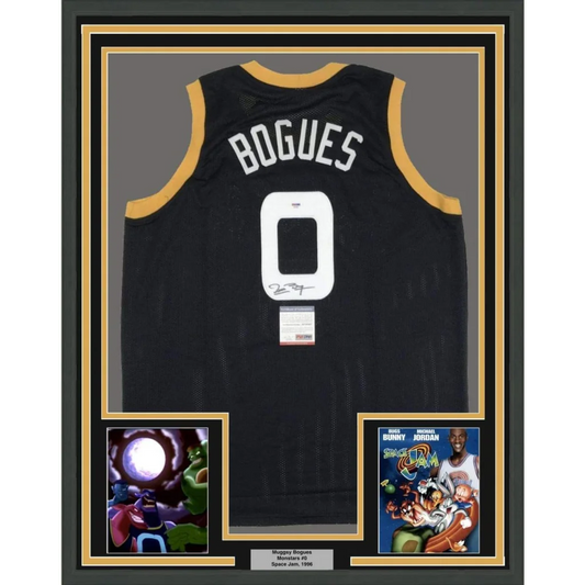 Framed autographed Muggsy Bogues Space Jam Monstars black jersey signed by Magic Johnson