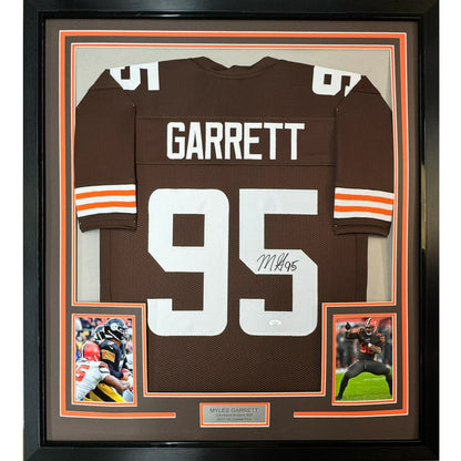 Framed signed Miles Garrett Browns jersey with photos and nameplate for display