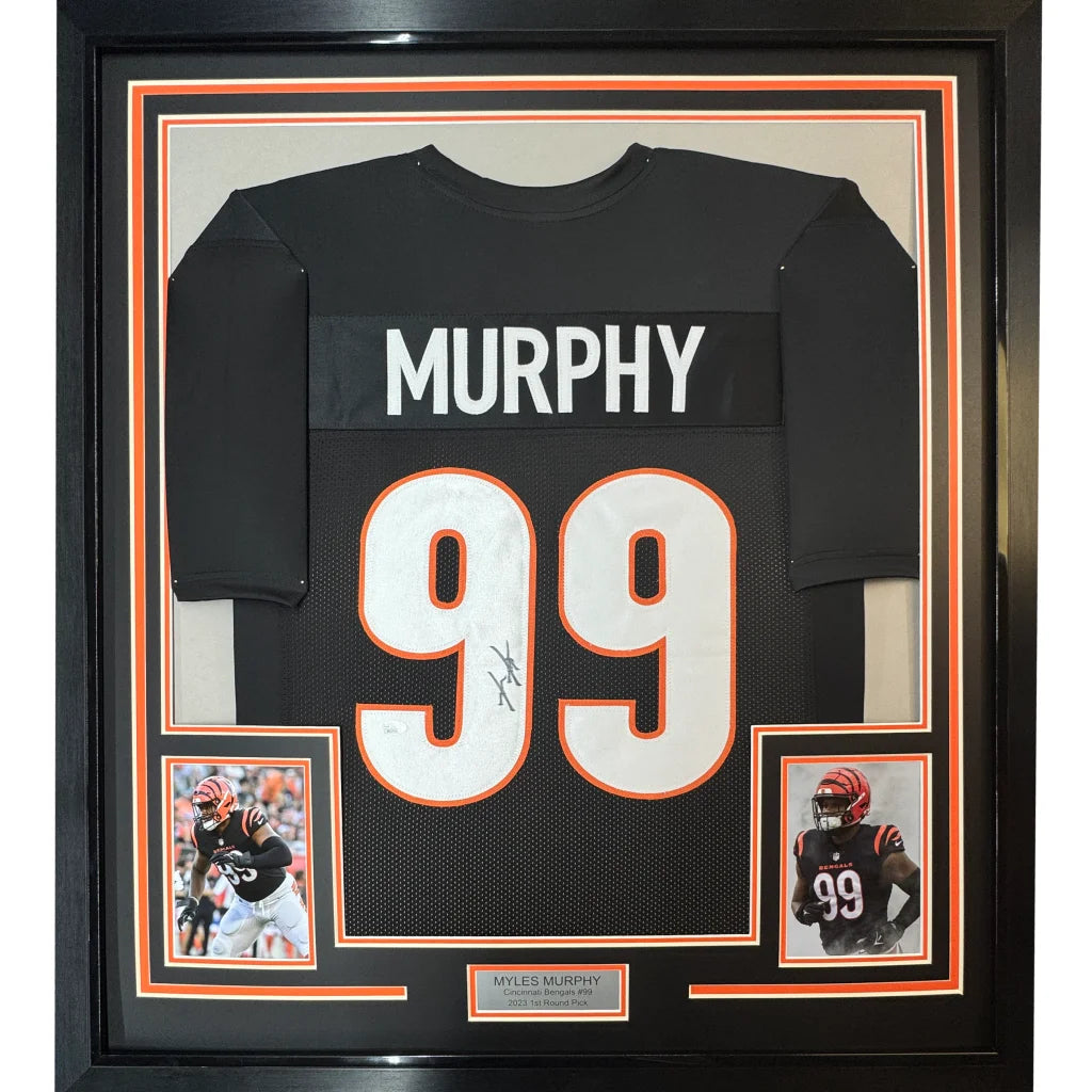 Professionally framed Myles Murphy Cincinnati black football jersey with player photos and nameplate