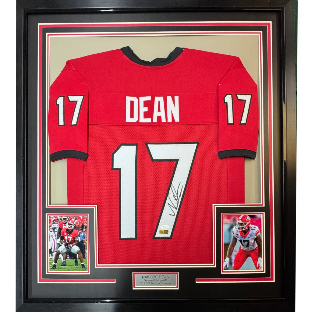 Framed autographed Nakobe Dean Georgia red jersey with number 17, JSA COA