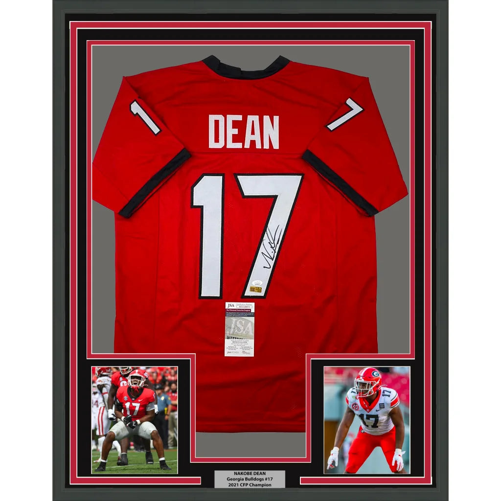 Framed autographed Georgia Bulldogs #17 football jersey with player photos and championship plaque