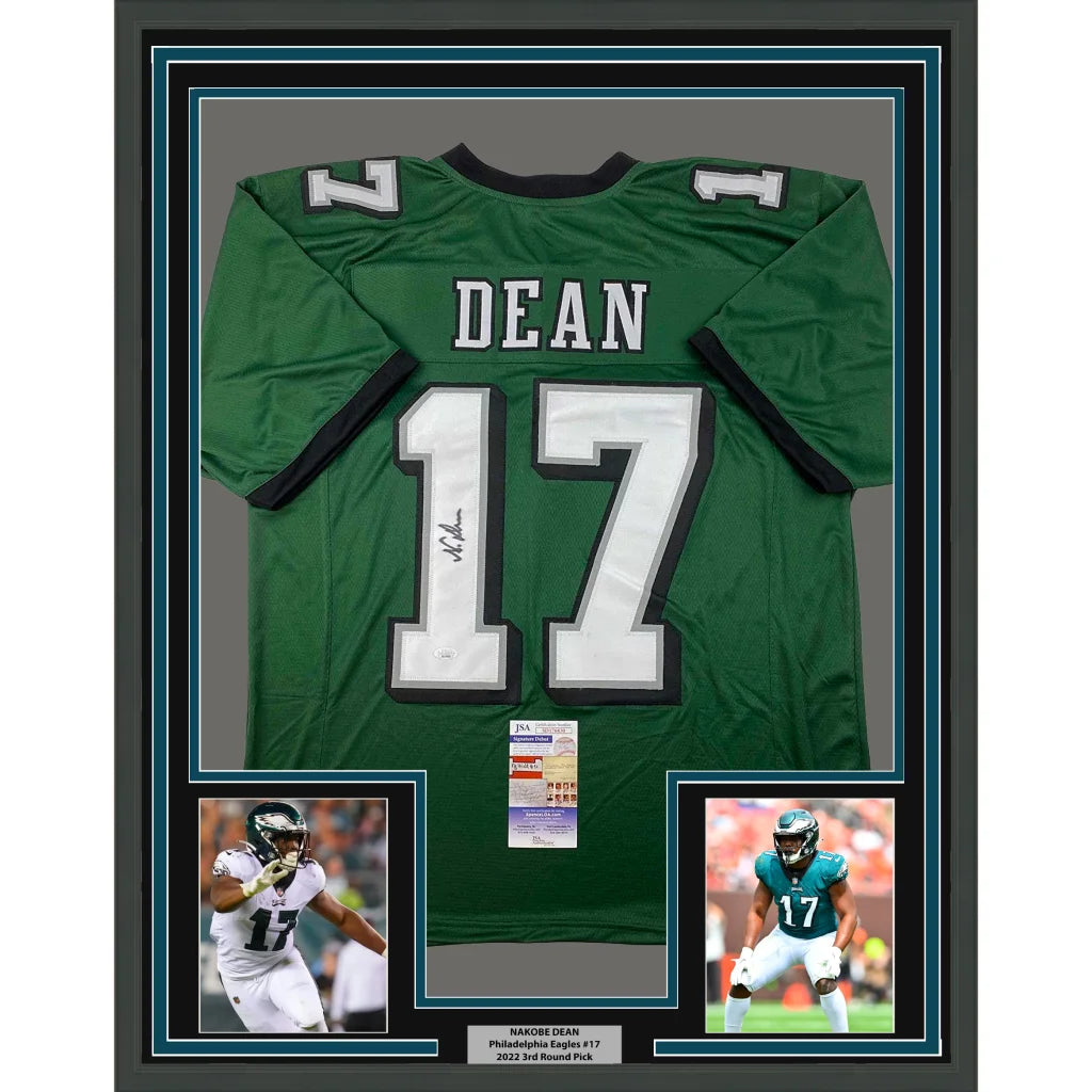 Framed green Philadelphia Eagles jersey with white numbers for man cave