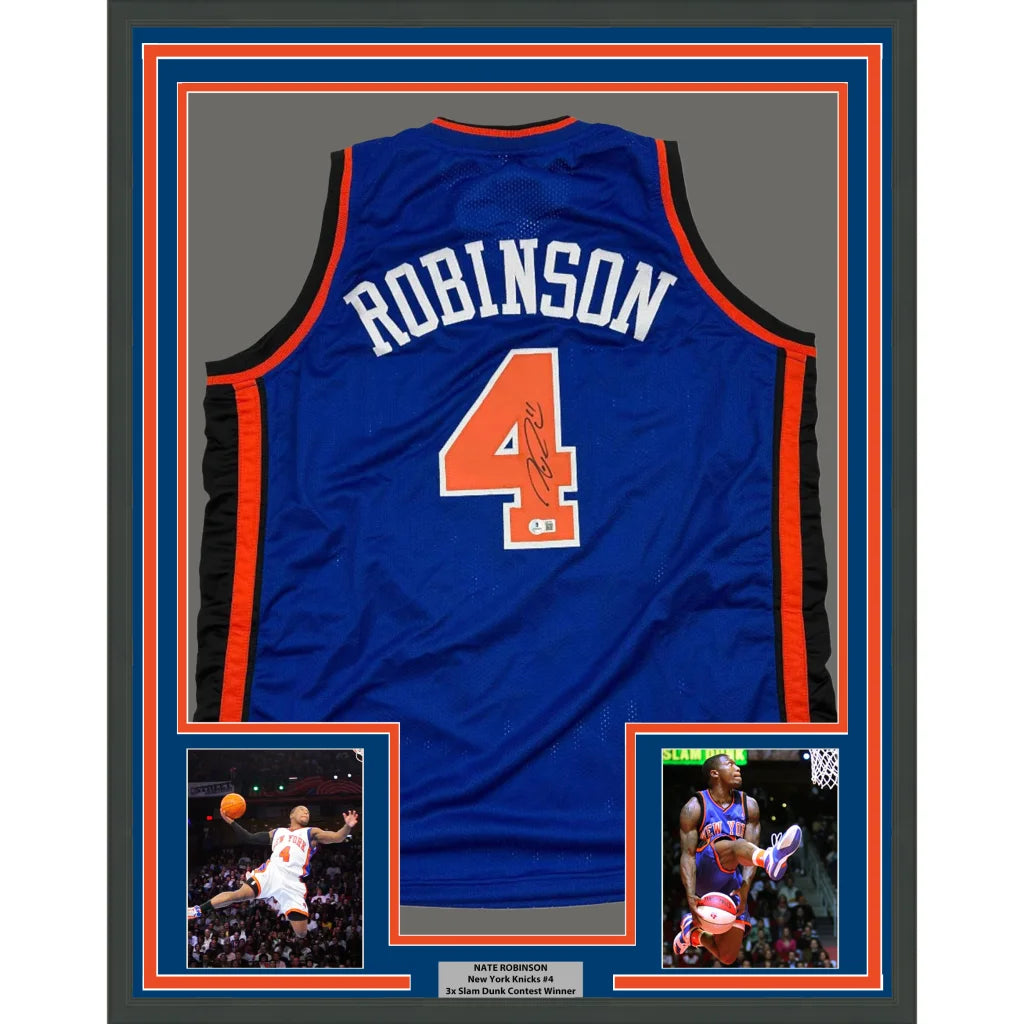 Framed Autographed Nate Robinson 35x39 New York Blue Basketball Jersey Beckett BAS COA | Hall of Fame Sports Memorabilia | vintageantiquesgifts.com