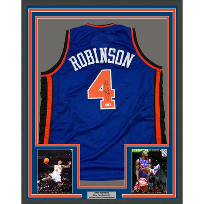 Framed Autographed Nate Robinson 35x39 New York Blue Basketball Jersey Beckett BAS COA | Hall of Fame Sports Memorabilia | vintageantiquesgifts.com