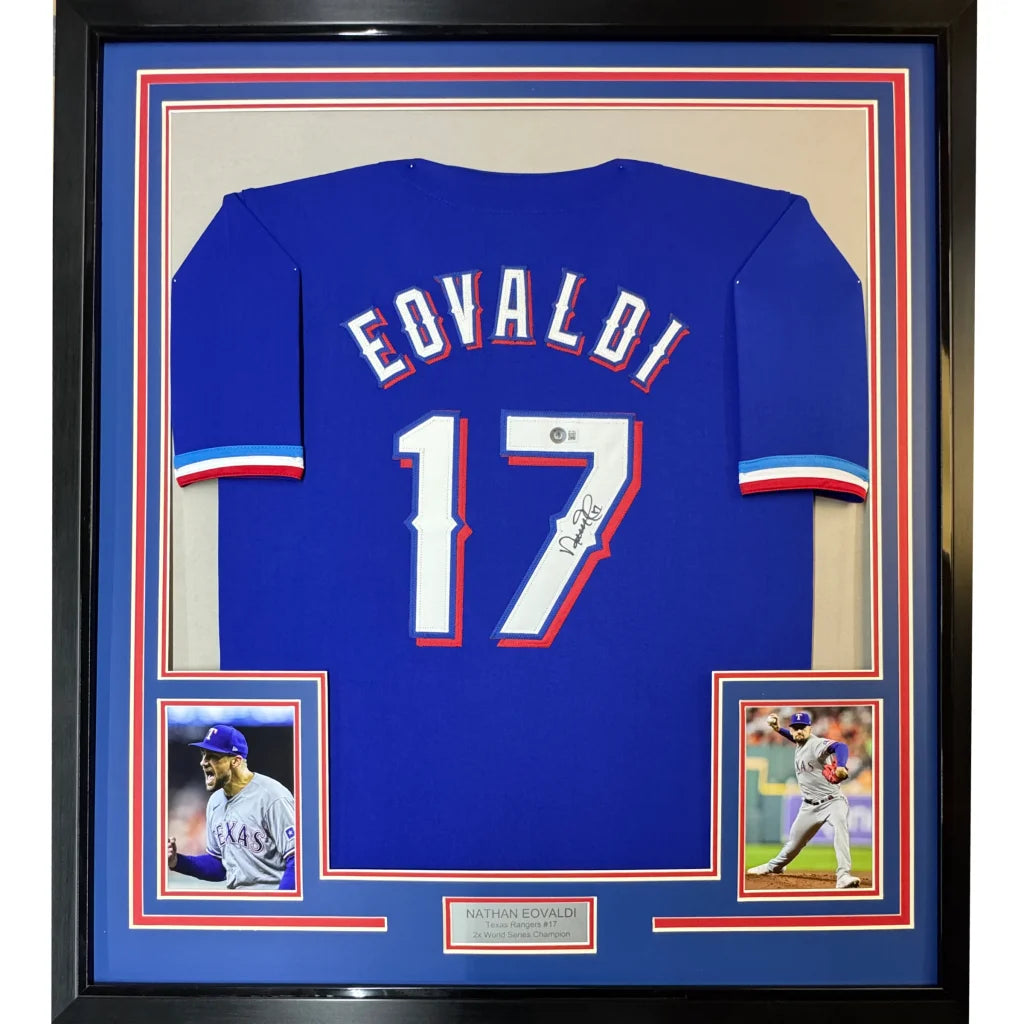 Framed Autographed Nathan Eovaldi 35x39 Texas Blue Baseball Jersey Beckett BAS COA | Hall of Fame Sports Memorabilia | vintageantiquesgifts.com