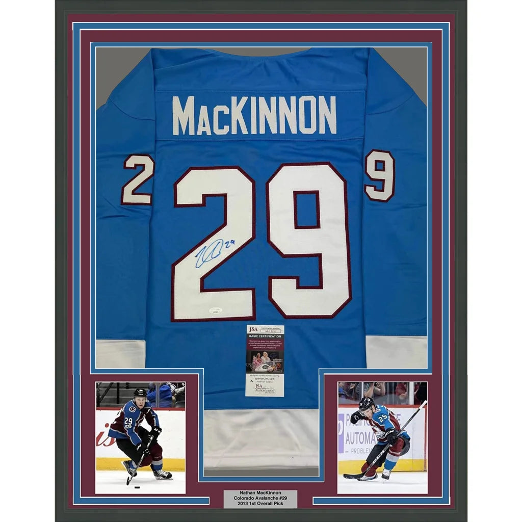 Framed Nathan MacKinnon autographed hockey jersey with photos for display